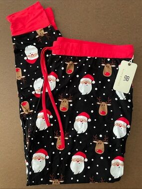 Bums and Roses Black Santa & Reindeer Holiday Pajama Pants - Red Trim